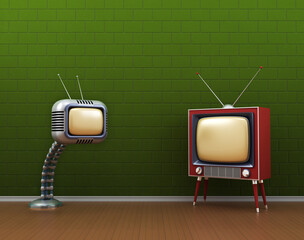 Old-fashion tv and sci-fi tv in empty room
