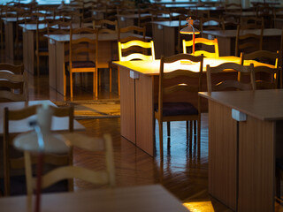 quiet calm atmosphere in the library dim light personal lamp