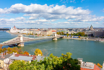 Budapest autumn cityscape with St. Stephen's Basilica, Chain bridge over Danube river and Hungarian parliament, Hungary