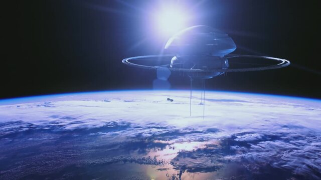 Spaceship flying towards a very big space station. Sci-fi cinematic shot.