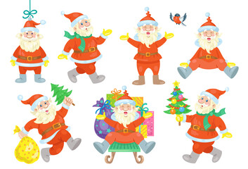 Collection of happy Santa Clauses, in different poses and emotions. In a cartoon style. Isolated on white background. Vector flat illustration.