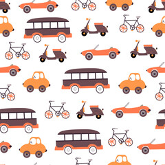 Hand drawn cars seamless pattern. Childish print. Doodle vector illustration. 