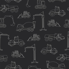 Cute vector seamless pattern with hand drawn construction objects: bulldozer, excavator, crane, tractor, loader. Doodle illustration. Child chalkboard print.