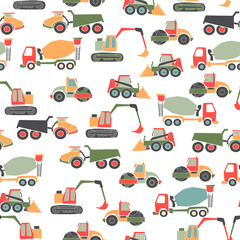 Cute vector seamless pattern with hand drawn  construction objects: bulldozer, excavator, crane, tractor, loader. Doodle illustration. Child print.