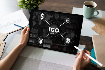 ICO - Initial coin offering. Blockchain and financial technology concept.