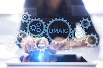 Fototapeta na wymiar DMAIC Define Measure Analyze Improve Control Industrial business process optimisation six sigma lean manufacturing technology concept on virtual screen.