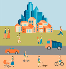 Cityscape with tall skyscrapers, people, cars, city life. Vector illustration.