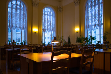 quiet calm atmosphere in the library dim light personal lamp