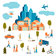 Cityscape with tall skyscrapers, people, cars, city life. Vector illustration.
