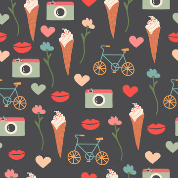 Vector seamless pattern with cute objects: ice cream, camera, flowers, bicycle, hearts and lips. Funny print. Dark background.