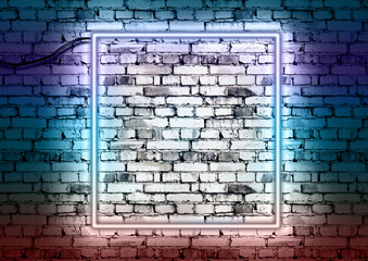 Brick wall background with neon glowing light