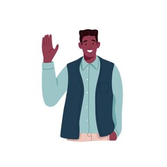 Happy black man gesturing hi with waving hand, greeting and welcoming smb. Portrait of young smiling friendly person saying hello. Flat vector illustration isolated on white background