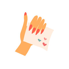 Woman hand holding greeting card. Hand drawn concept image. Isolated on white. Vector illustration.
