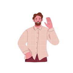 Happy bearded man gesturing hi with waving hand, greeting smb. Portrait of smiling friendly person say hello and welcoming with positive emotion. Flat vector illustration isolated on white background © Paper Trident