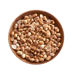 peanuts peeled in wooden dish on white background