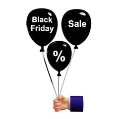 Black balloons in hand, big sale concept, Black Friday, isolated on white background, 3d rendering