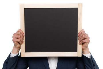 Young businessman is showing the word. Your text here