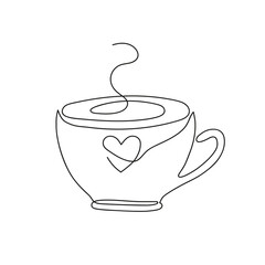 Continuous one line drawing of cup of coffee with steam and heart. Hand drawn cup of coffee isolated on white background. Linear style. Vector illustration.