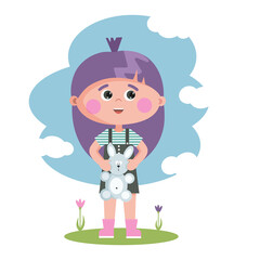 Little girl with purple hair in a green sundress with a plush bunny. Cheerful little girl in a striped T-shirt. Vector illustration. Childrens flat illustration