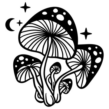 Mystical mushrooms isolated clipart, magic line celestial mushrooms, floral mystical. Black and white vector illustration.