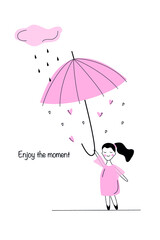 Little cartoon girl with pink umbrella. Vector illustration.