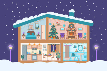 Christmas house in cut with snow.  Cozy house interior with a furniture, fireplace, christmas tree, gifts, lights, decorations, home plants.  Flat  cartoon style vector illustration.