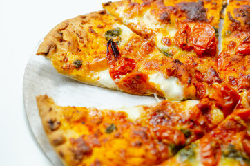 Delicious Neapolitan pizza based on buffalo mozzarella and tomatoes, italian cuisine