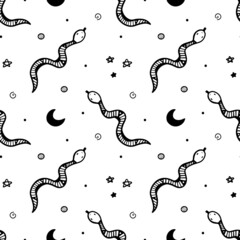 Mystical, halloween, magical black and white vector seamless pattern background with snake, moon and stars.
