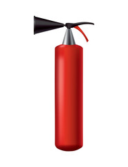 Red fire extinguisher. Isolated portable fire-fighting unit. Firefighter tool for flame fighting attention. Portable fire extinguishing equipment. Vector illustration of safety equipment