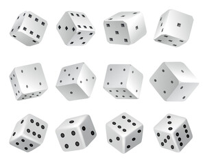 Set of dices - realistic white cubes with random numbers of black dots or pips and rounded edges. Vector game cubes isolated. Isolated 3d objects for hobbies