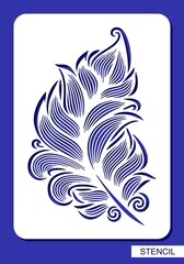 Stencil with decorative feather, leaf. Beautiful detailed fluffy quill. Rectangular vertical white panel, sample for laser cutting of paper, metal engraving, wood carving, cnc. Vector illustration.