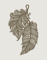 Pendant made of two decorative feathers. Hanging decoration, bijouterie in Indian style. Openwork ornament of curls, beautiful folk motifs, ethnic patterns. Vector template for plotter laser cutting.