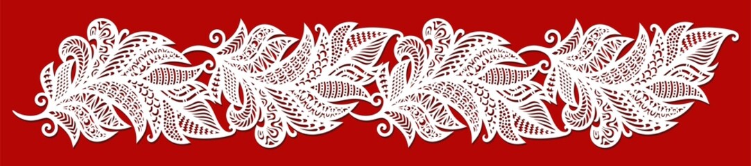 Feather border. Wide horizontal pattern with decorative stylized leaves, openwork ethnic ornament, curls, folk motives. Template for plotter laser cutting of paper, metal engraving, wood carving, cnc.