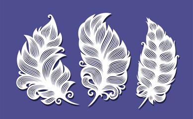 Set of three feathers. Light fluffy white feathers (quill, pen) on a blue background. Decorative element for plotter laser cutting of paper, metal engraving, wood carving, cnc. Vector illustration.