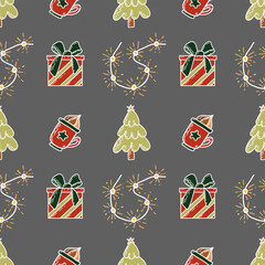 Seamless vector Christmas set of pattern. Christmas tree, garland, stars, spruce branch, gift, candy, cone, Christmas ball. Great for wrapper, textile, other print and web.