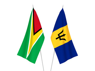 National fabric flags of Barbados and Co-operative Republic of Guyana isolated on white background. 3d rendering illustration.