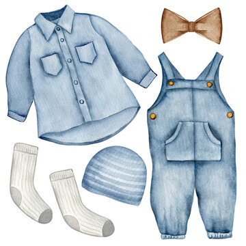 Set Of Clothes For A Boy Jumpsuit, Shirt, Knitted Hat, Bow Tie And Socks. Rustic Fashion For Kids. Isolated Clipart Element On White Background