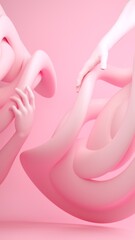 Abstract pastel pink 3d rendering scene with hand gesture with abstract shapes. Tie vertical banner template, space for text. Trendy surreal composition.