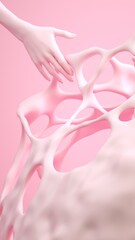 Abstract pastel pink 3d rendering scene with hand gesture with abstract shapes. Tie vertical banner template, space for text. Trendy surreal composition.