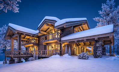 3d rendering of modern cozy chalet with pool and parking for sale or rent. Beautiful forest mountains on background. Massive timber beams columns. Cool winter night with stars in sky.