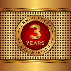 3 years anniversary, anniversary celebration vector design with gold color on golden texture background, simple and luxury design. logo vector template