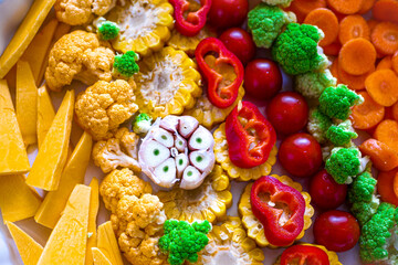 Vegetables for baking in the oven, close-up. Homemade casserole of vegetables. Healthy food background, vegan food