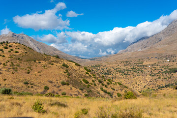 Canyon between the Kedros massif and Mount Sidherotas and Mount Vouvala in the south of Crete. In the valley the new road leads north to Rethimno