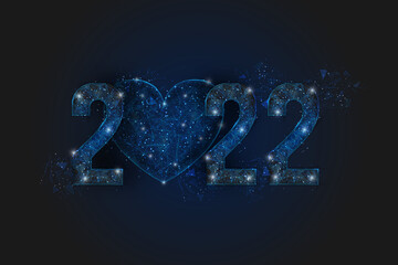 Abstract isolated blue image of new year number 2022 with heart. Polygonal low poly wireframe illustration looks like stars in the blask night sky in spase or flying glass shards. © Katsiaryna