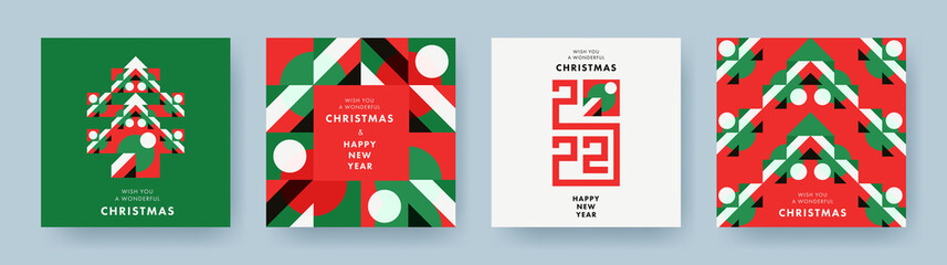 Christmas Set of greeting cards, posters, holiday covers. Geometric Xmas design with stylized Christmas Tree made of geometric shapes and New Year 2022 logo text design in red, green, white colors