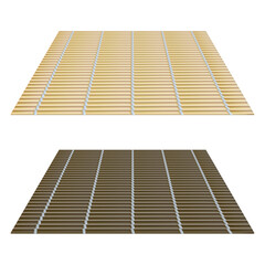 Set of bamboo mats. Top view of brown and light traditional Japanese kitchen utensils. Bamboo sticks with cotton thread. Vector illustration of a mat for making sushi and rolls isolated on white