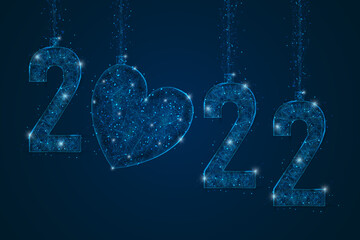 Abstract isolated blue image of new year number 2022. Polygonal low poly wireframe illustration looks like stars in the blask night sky in spase or flying glass shards. Digital web, internet design. © Katsiaryna