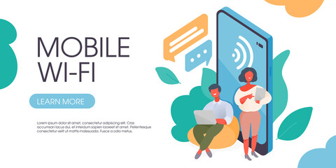 Characters are sitting near a smartphone and chatting online with laptop and pad.