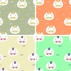 Patterns with cats, different colours. Vector illustration. Good for childish clothes, surface design.
