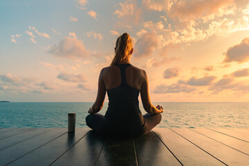 Young woman meditating in a black clothes for yoga  on a wooden deck on the top by the sea. There...